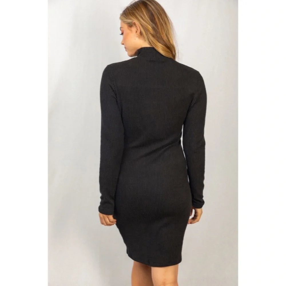 CLEARANCE Black Ribbed Mock Neck Long Sleeve Cut Out Neckline Sexy Dress - Picture 5 of 5